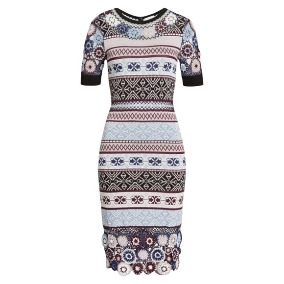 Parker Carol Crochet Flowers Bodycon Short Sleeve Knit Midi  Dress Size Small - Picture 4 of 9